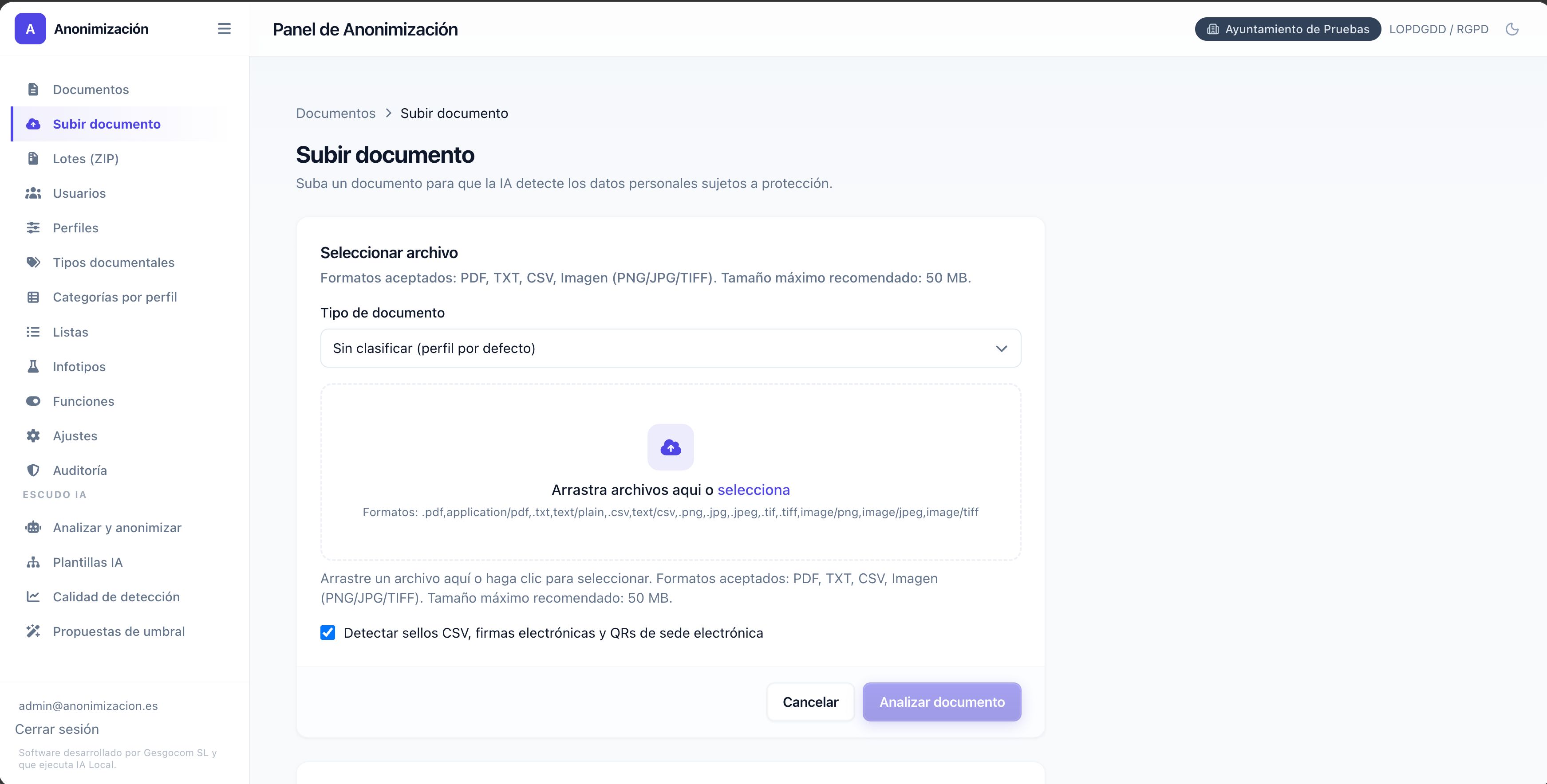Pantalla de subida de documentos con detección opcional de sellos CSV, firmas y QR