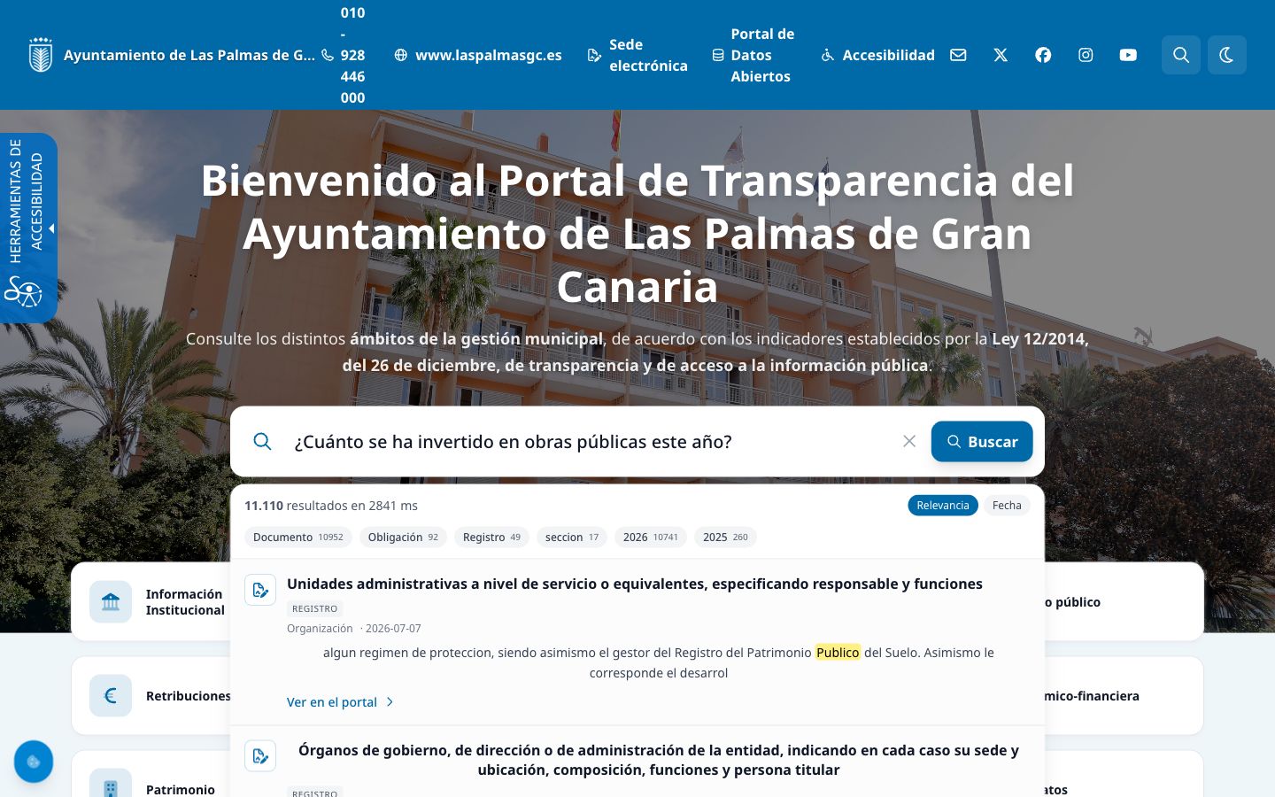 Búsqueda en el portal de transparencia con una pregunta en lenguaje natural y sus resultados