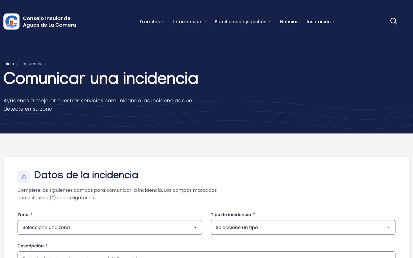Formulario para comunicar una incidencia con la zona y el tipo de incidencia