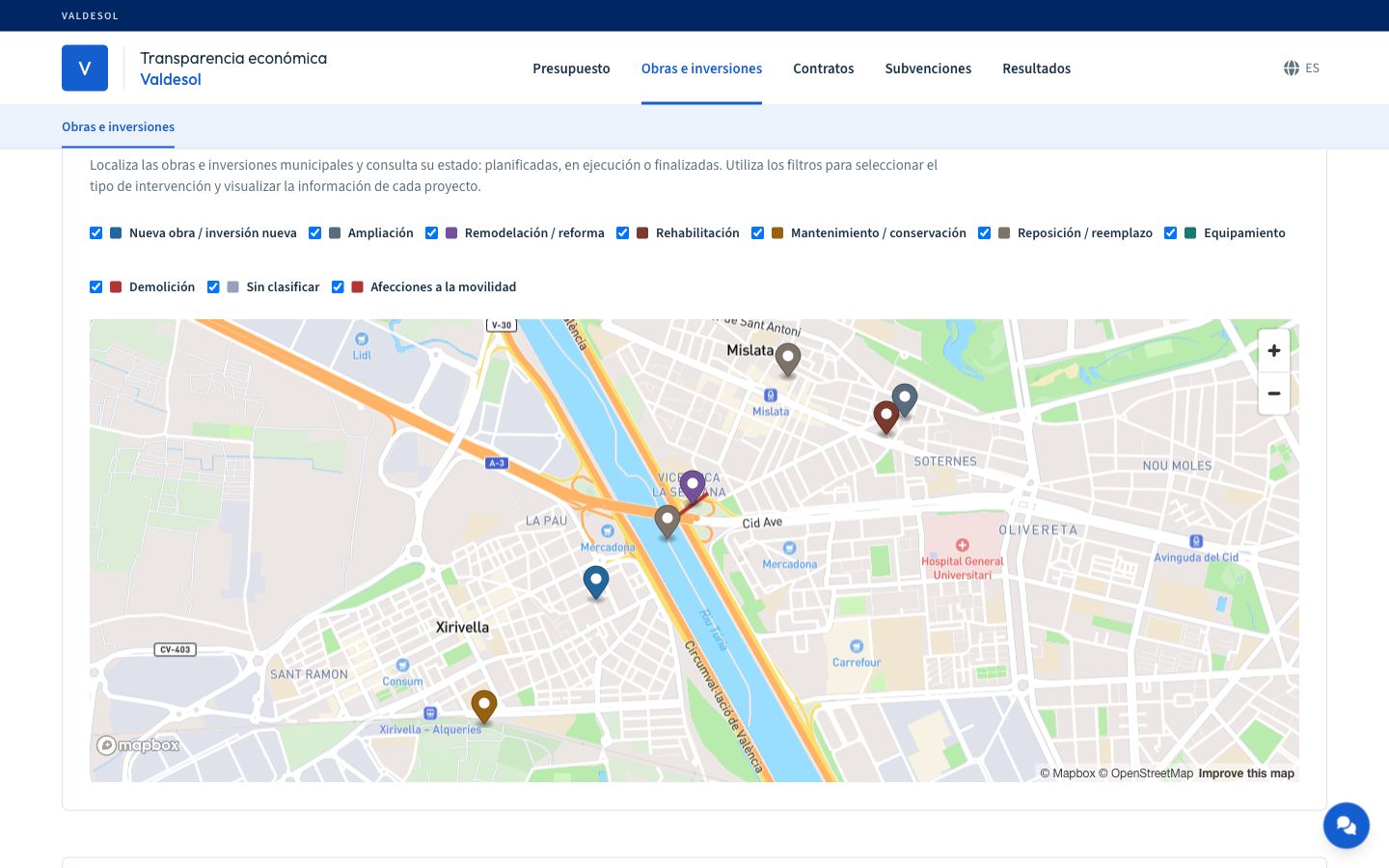 Mapa de obras e inversiones municipales con marcadores por tipo de actuación