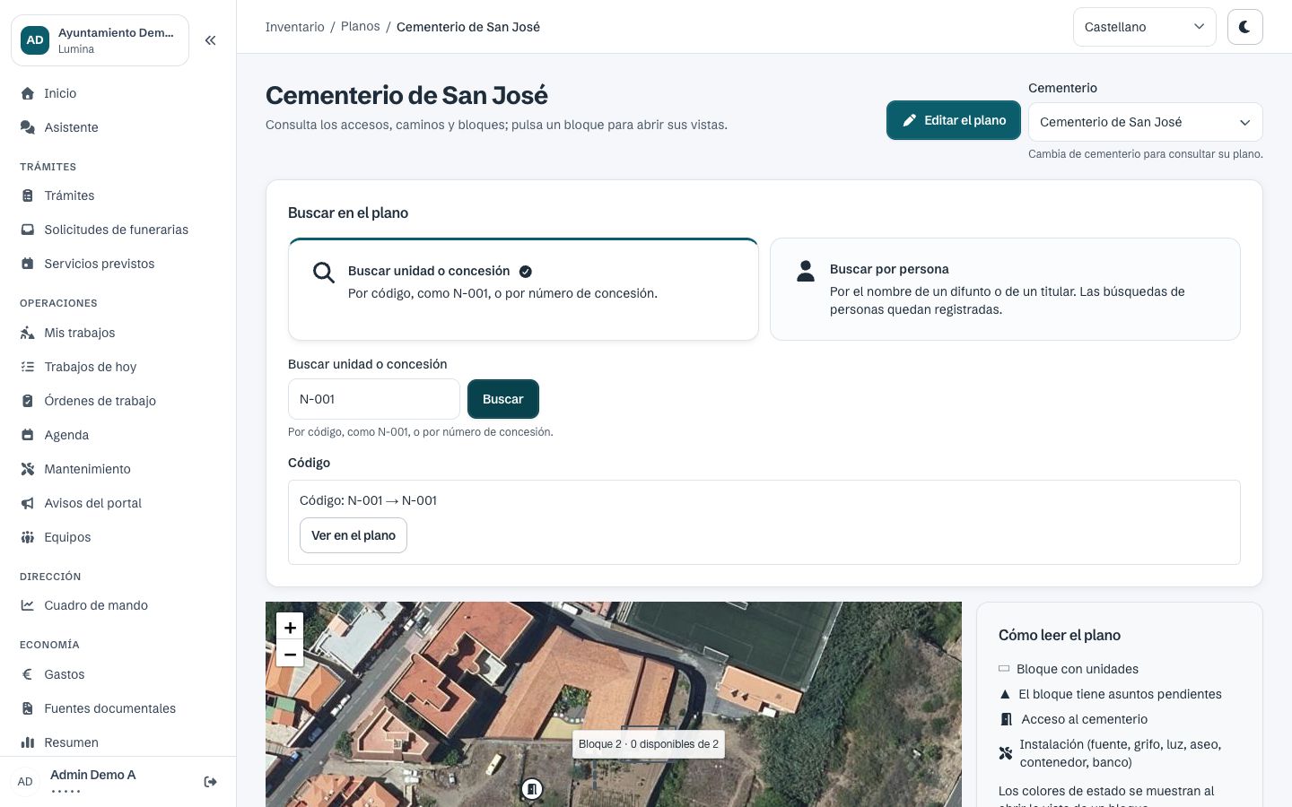 Plano de un cementerio de demostración en Lumina, sobre fotografía aérea