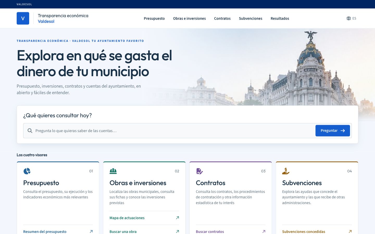Portada del Visor Presupuestario de un municipio: buscador de preguntas y accesos a presupuesto, obras, contratos y subvenciones