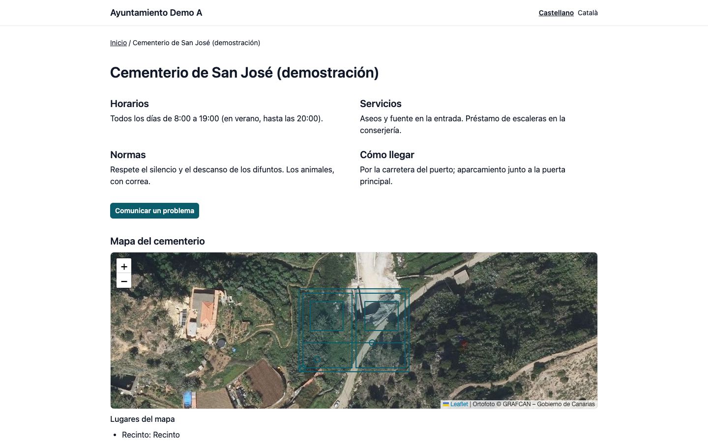 Ficha pública de un cementerio de demostración con horarios, normas, servicios, cómo llegar, botón para comunicar un problema y mapa
