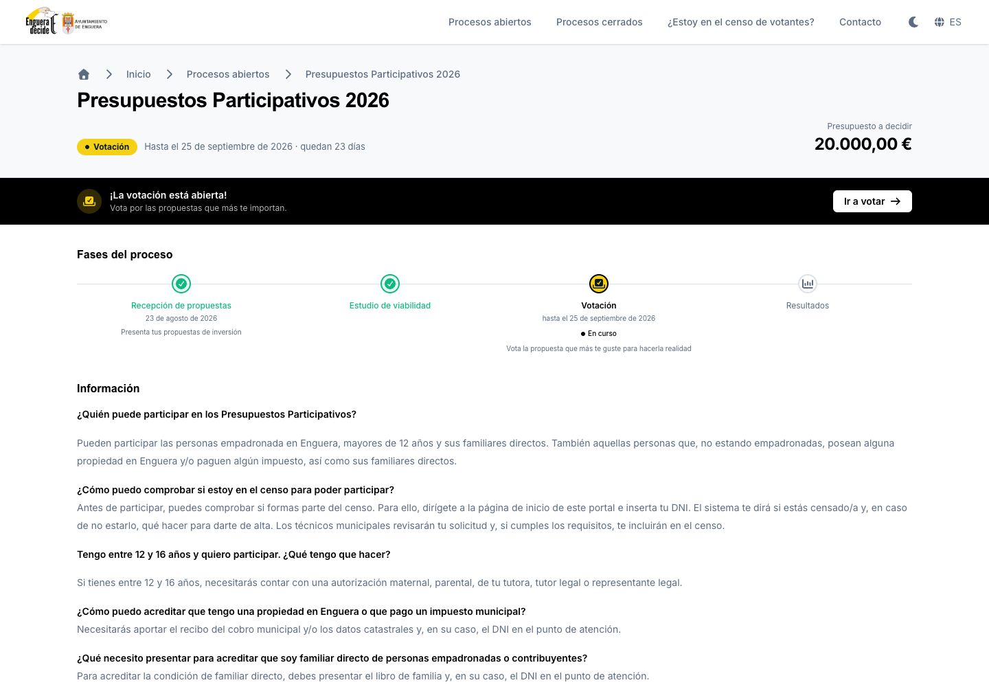 Proceso de presupuestos participativos en fase de votación, con el presupuesto a decidir y las fases del proceso