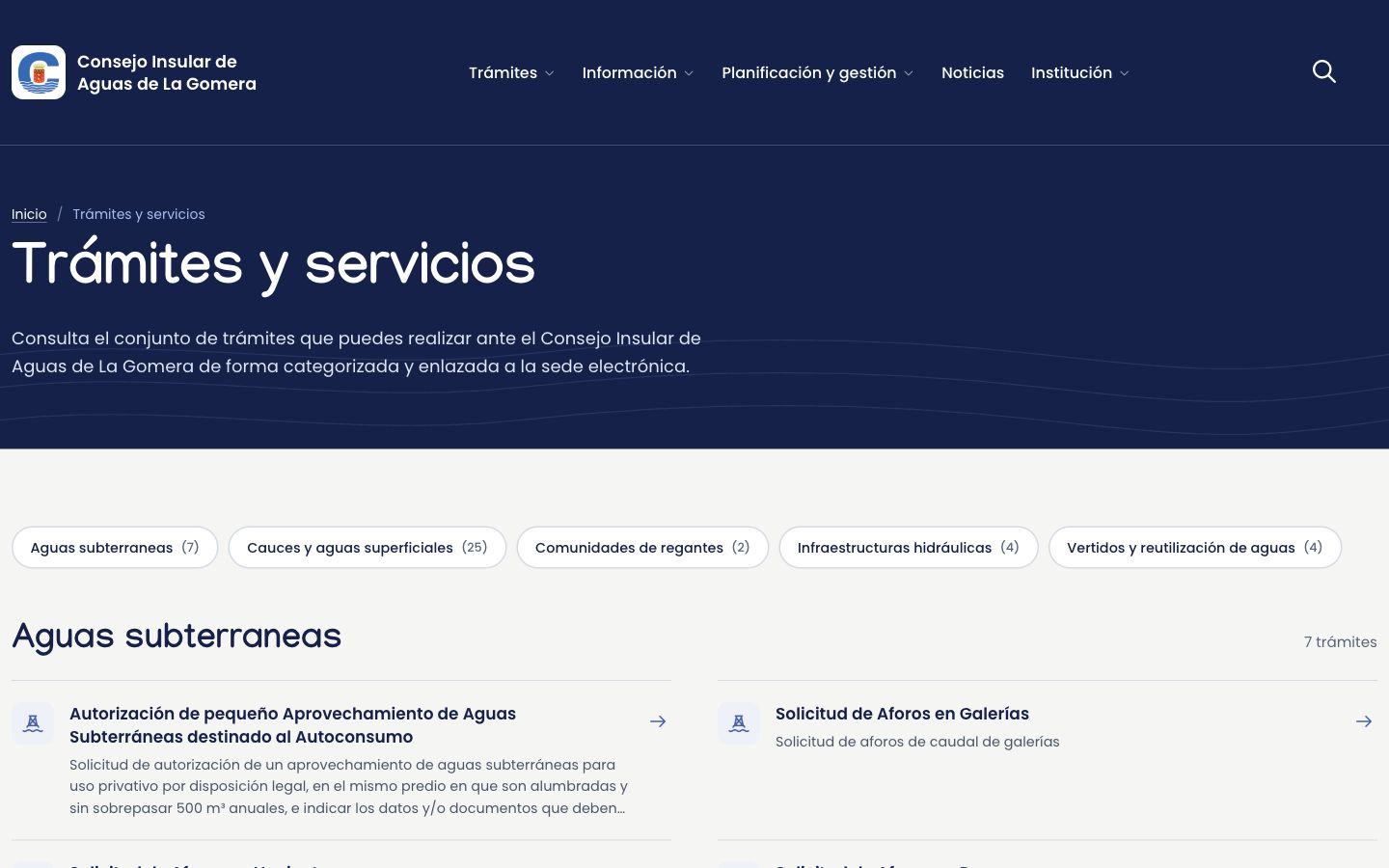 Catálogo de trámites y servicios agrupados por tipo, con el número de trámites de cada grupo