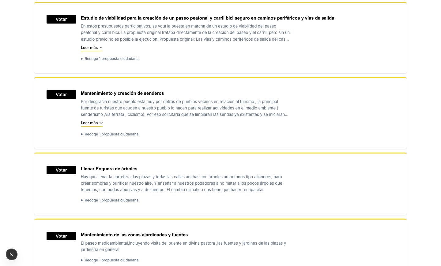 Pantalla de votación de un proceso participativo, con las propuestas viables y el botón de votar