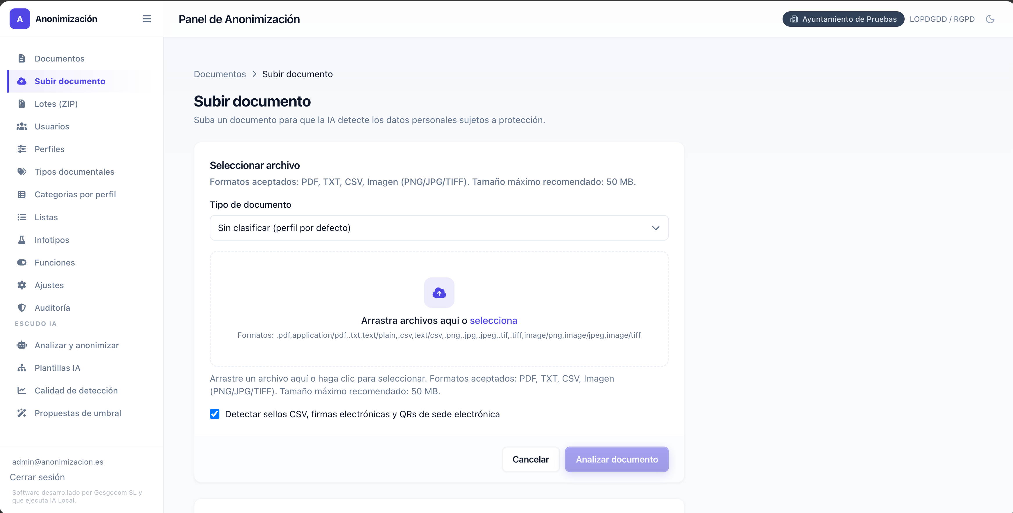 Pantalla de subida de documentos con detección opcional de sellos CSV, firmas y QR