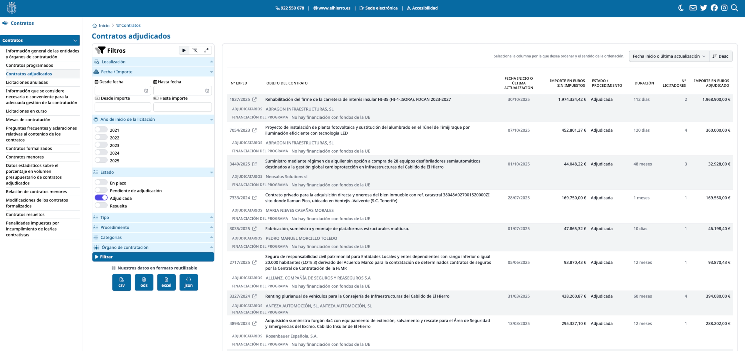 Portal de Transparencia - Contratos adjudicados del Cabildo de El Hierro